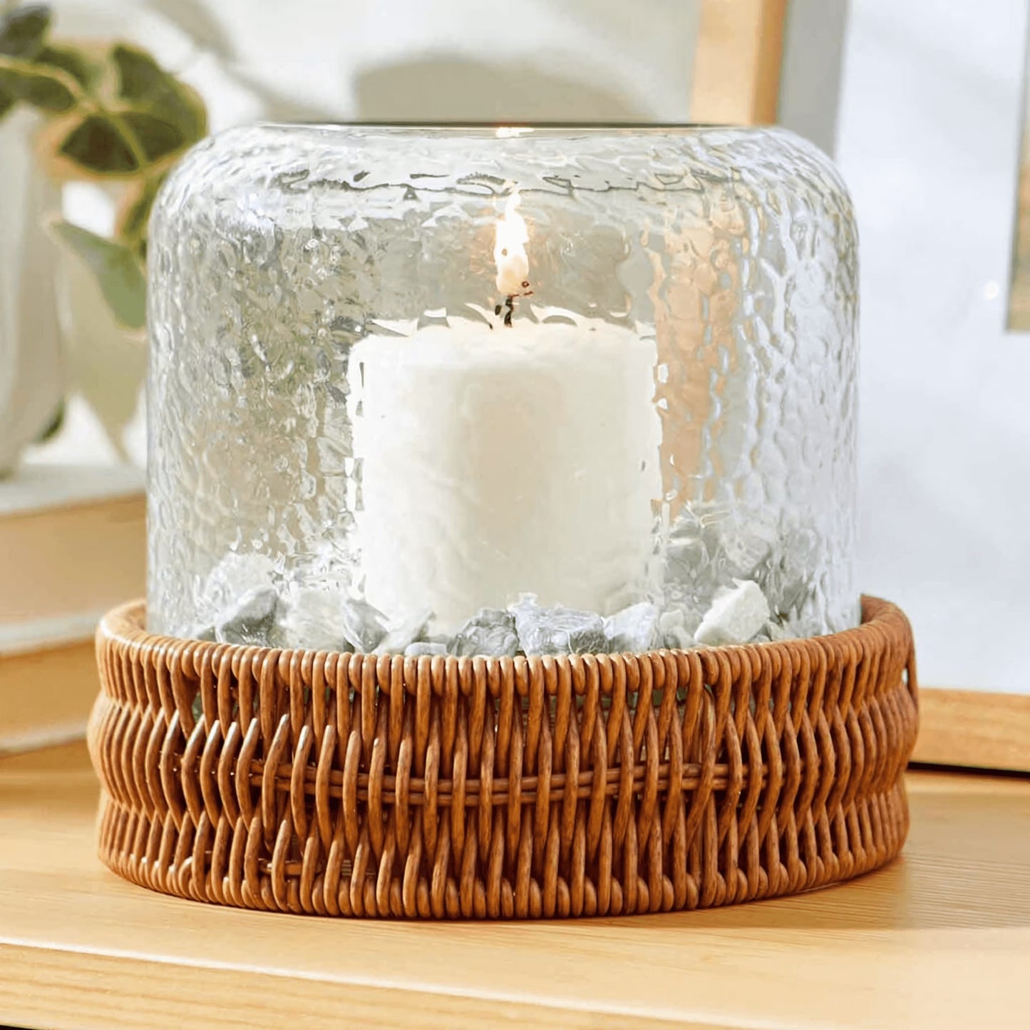 (2 Pack) 7" Decorative Clear Hammered Glass Hurricane Pillar Candle Holder with Brown Woven Base