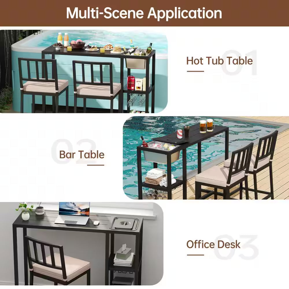 47 In. Outdoor Rectangular Metal Bistro Table Patio Counter Height Bar Table with Wheels