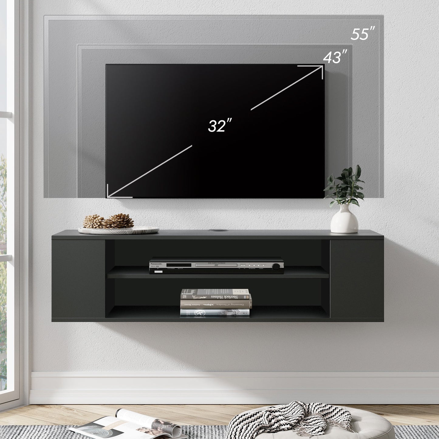 Yellow Light Floating TV Stand with Adjustable Shelves for Living Room Bedroom, Black, 39.4 Inch