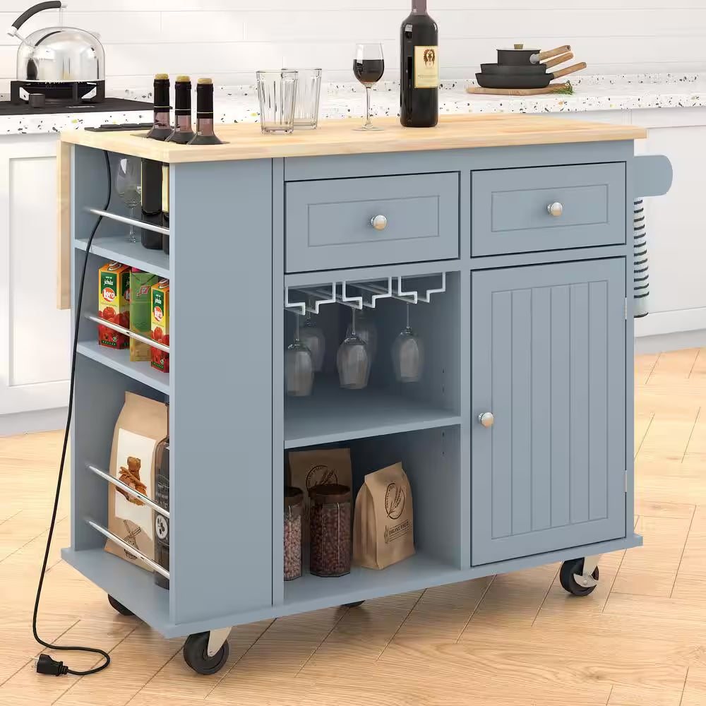 Rolling Black Drop Leaf Rubber Wood Tabletop 40 In. Kitchen Island with Power Outlet, Wine Rack and Adjustable Shelves