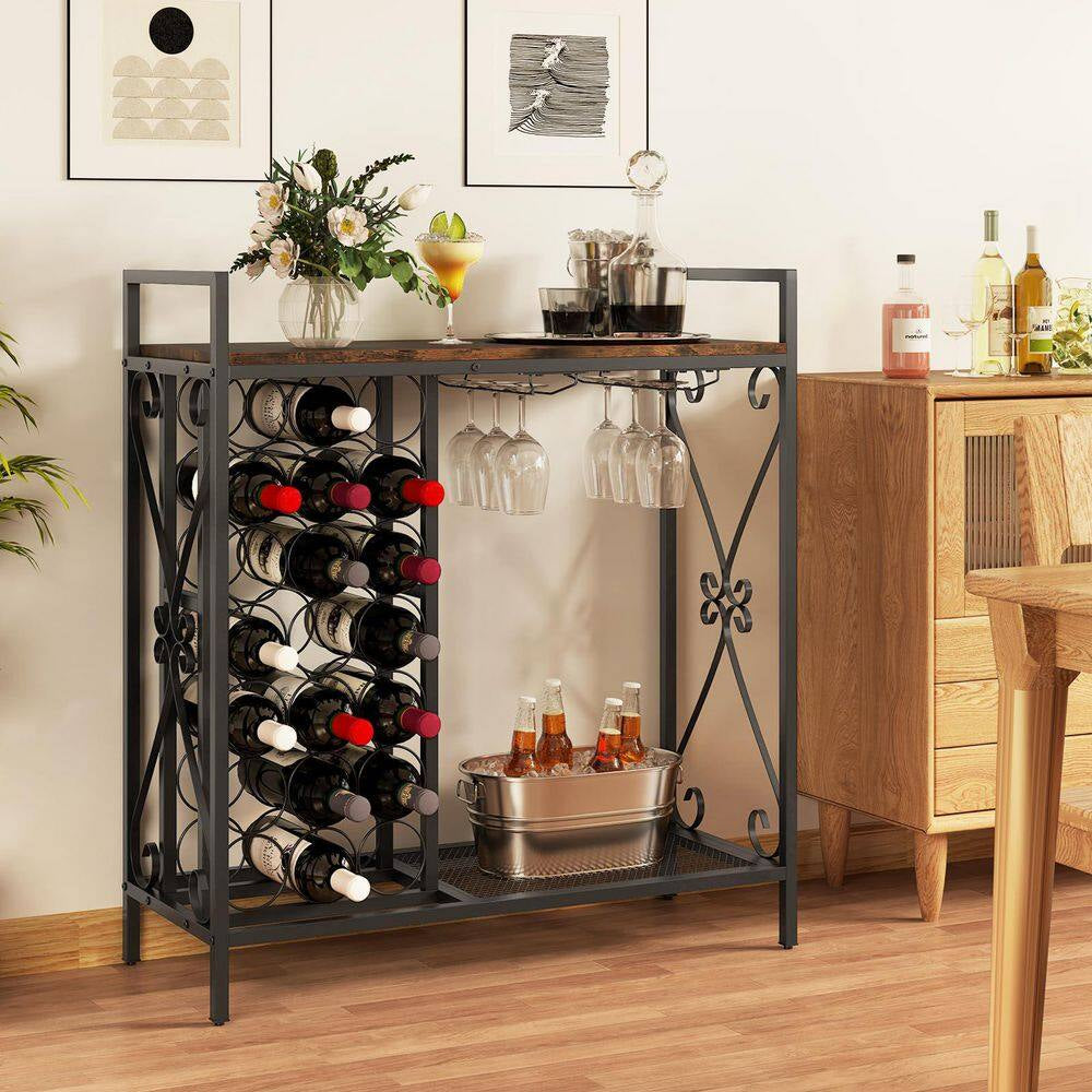 21-Bottle Rustic Brown Metal Floor Wine Rack