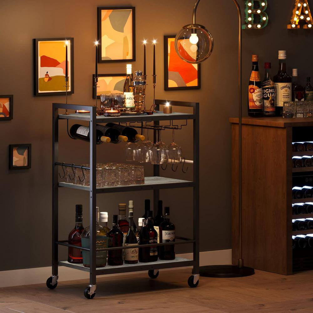 3-Tier Greige Metal Serving Cart with Wood Shelf, Hooks, Wine Rack and Glass Holder