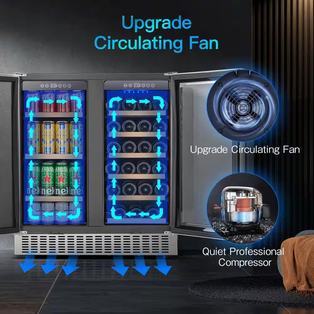 30 In. Dual Zone 28-Wine Bottles and 80-Cans Built-In or Freestanding Beverage and Wine Cooler in Stainless Steel