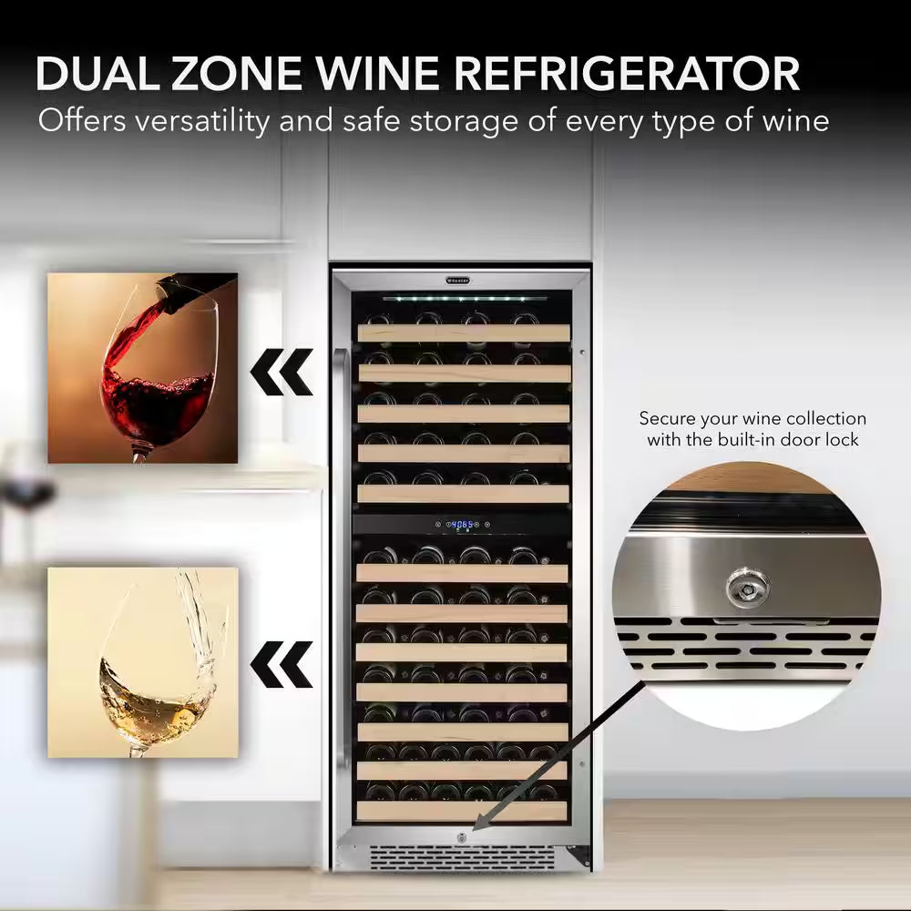 24 In. Dual Zone 92-Bottle Wine Cooler Fridge with Display Rack Built-In Stainless Steel UV Protection Glass Door