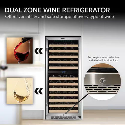24 In. Dual Zone 92-Bottle Wine Cooler Fridge with Display Rack Built-In Stainless Steel UV Protection Glass Door