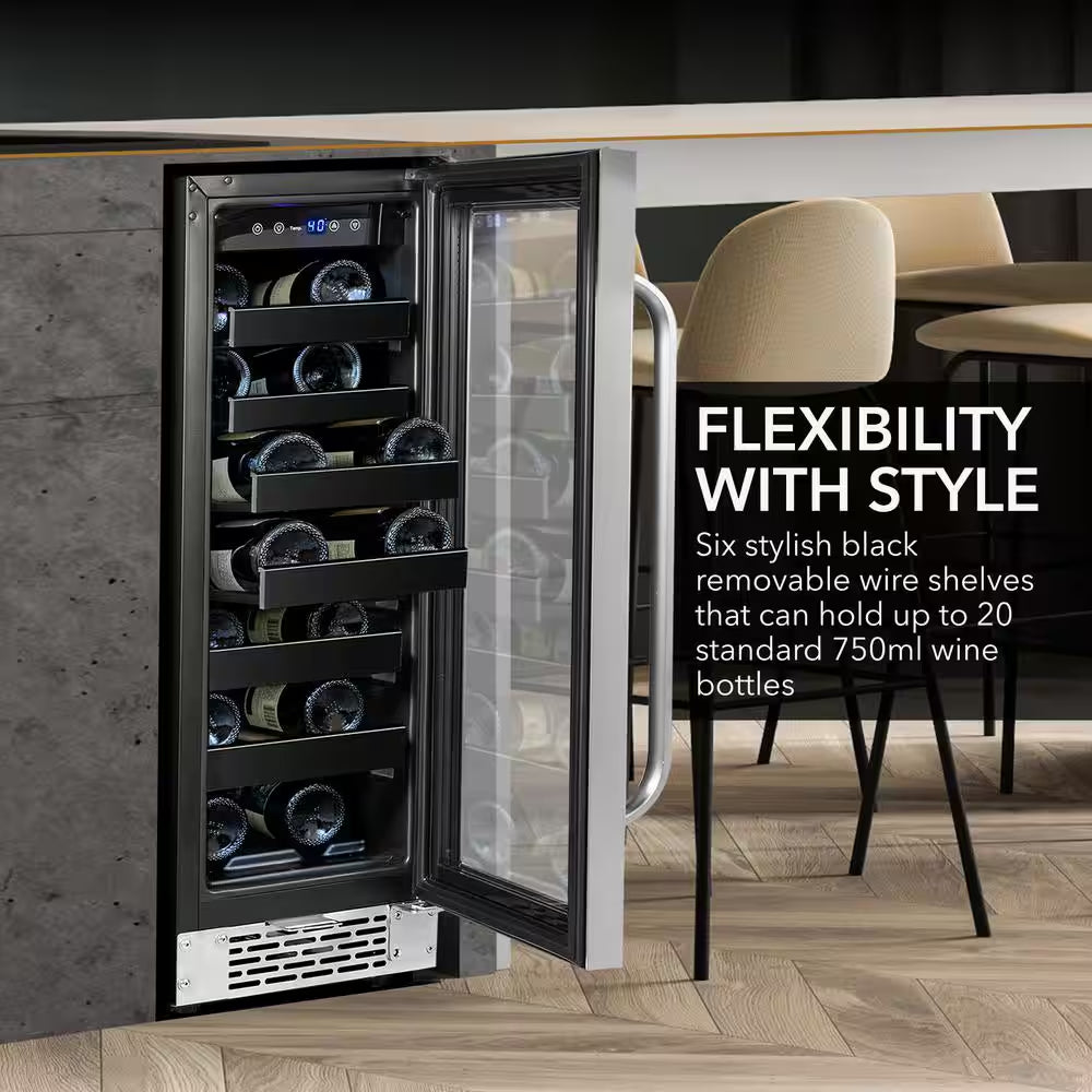 12 In. 20-Bottle Wine Cooler Fridge Built-In, Freestanding, or Undercounter Stainless Steel Glass Door Carbon Filter
