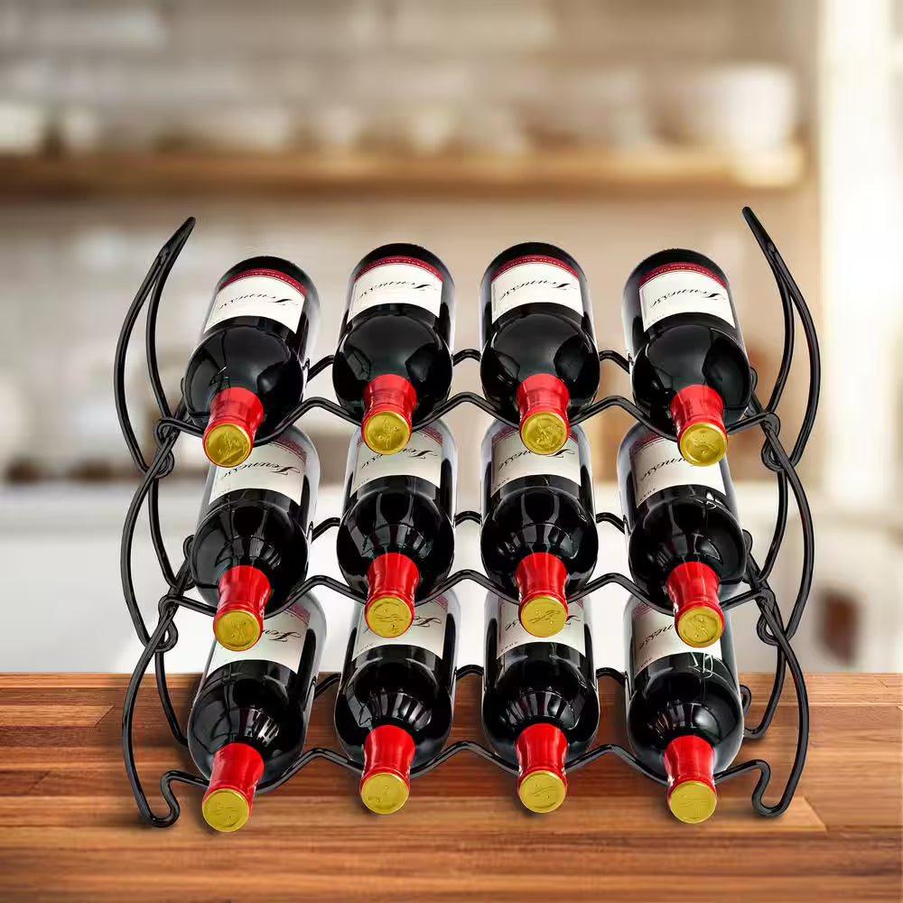 3-Tier Black Stackable Wine Rack-Classic Style Metal Wine Racks for Bottles-Hold 12 Bottles