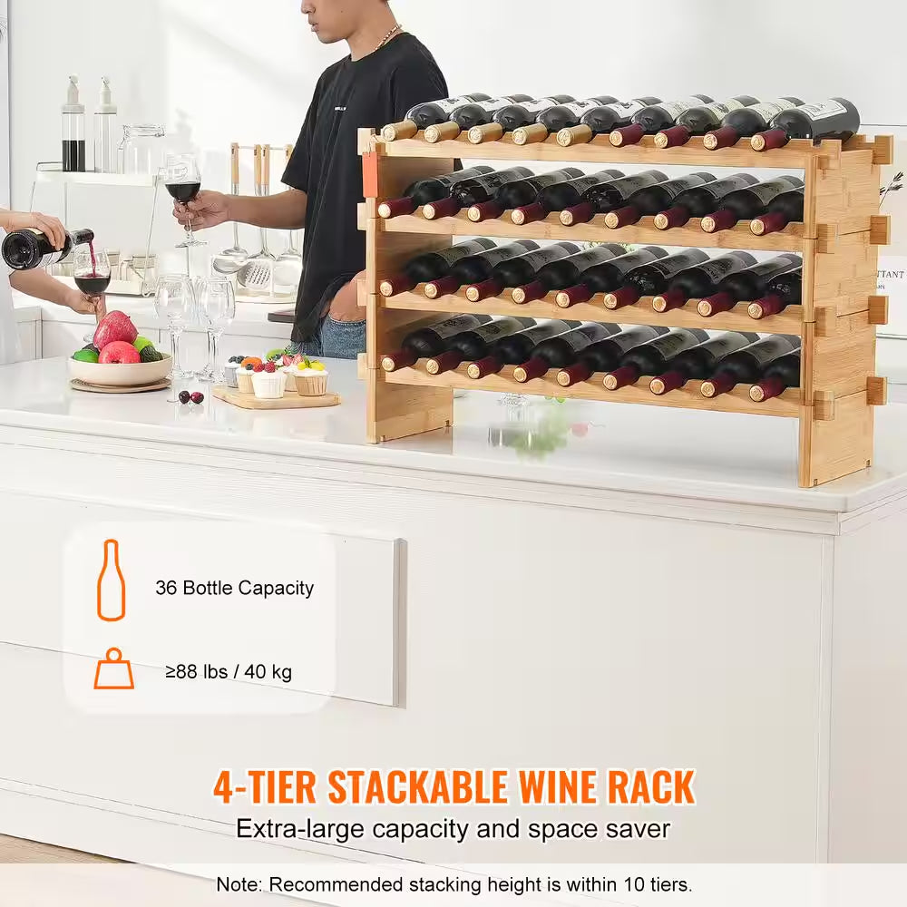 36-Bottle Stackable Wine Rack, 4-Tier Bamboo Storage Display Shelf, Wobble-Free Wine Holder for Kitchen, Bar, and Cellar