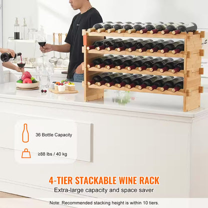 36-Bottle Stackable Wine Rack, 4-Tier Bamboo Storage Display Shelf, Wobble-Free Wine Holder for Kitchen, Bar, and Cellar