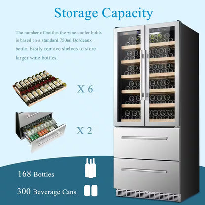 32 In. Dual Zone 168-Wine Bottles and 300-Cans Double French Doors Beverage and Wine Cooler in Seamless Stainless Steel