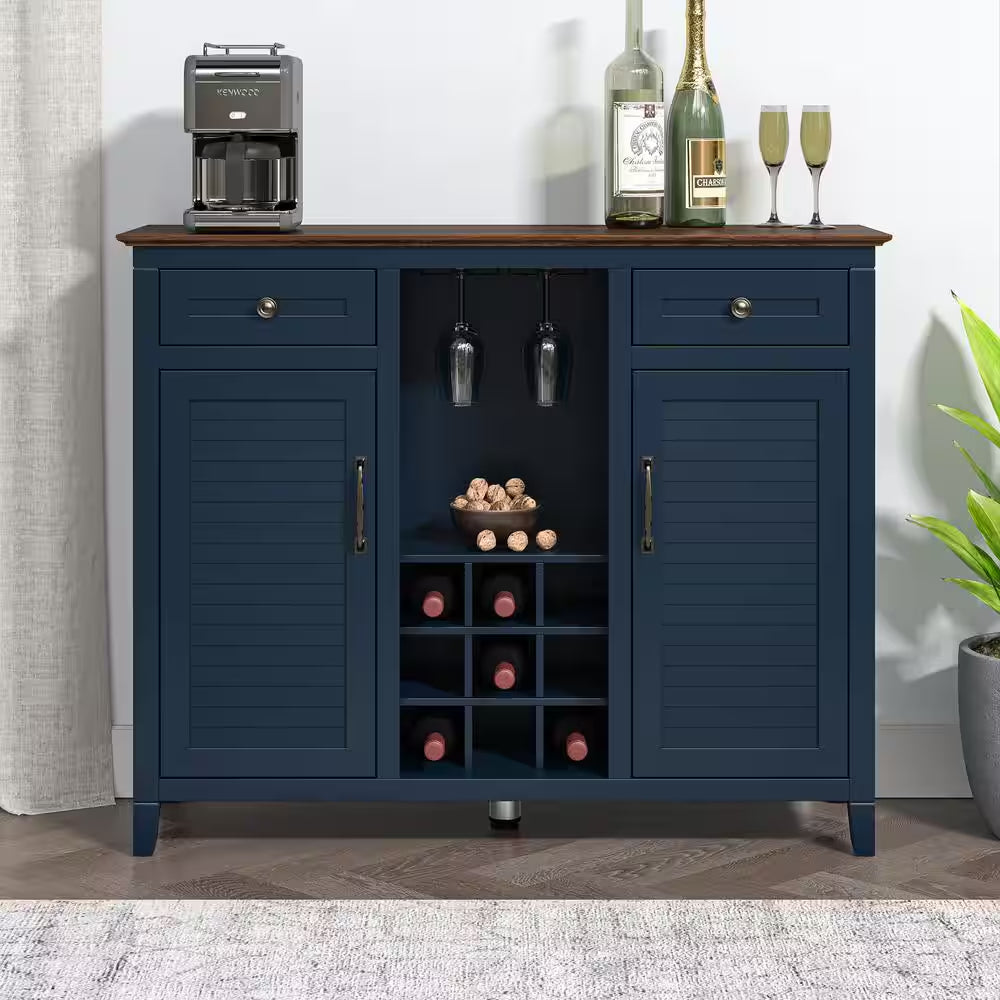 Scandinavian 47 In. Gray Wine Cabinet with Textured Patterns Door and Wooden Pattern Countertop