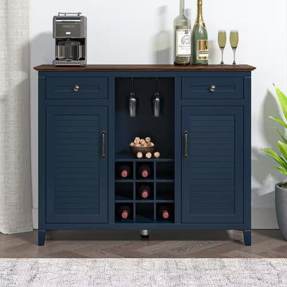 Scandinavian 47 In. Gray Wine Cabinet with Textured Patterns Door and Wooden Pattern Countertop