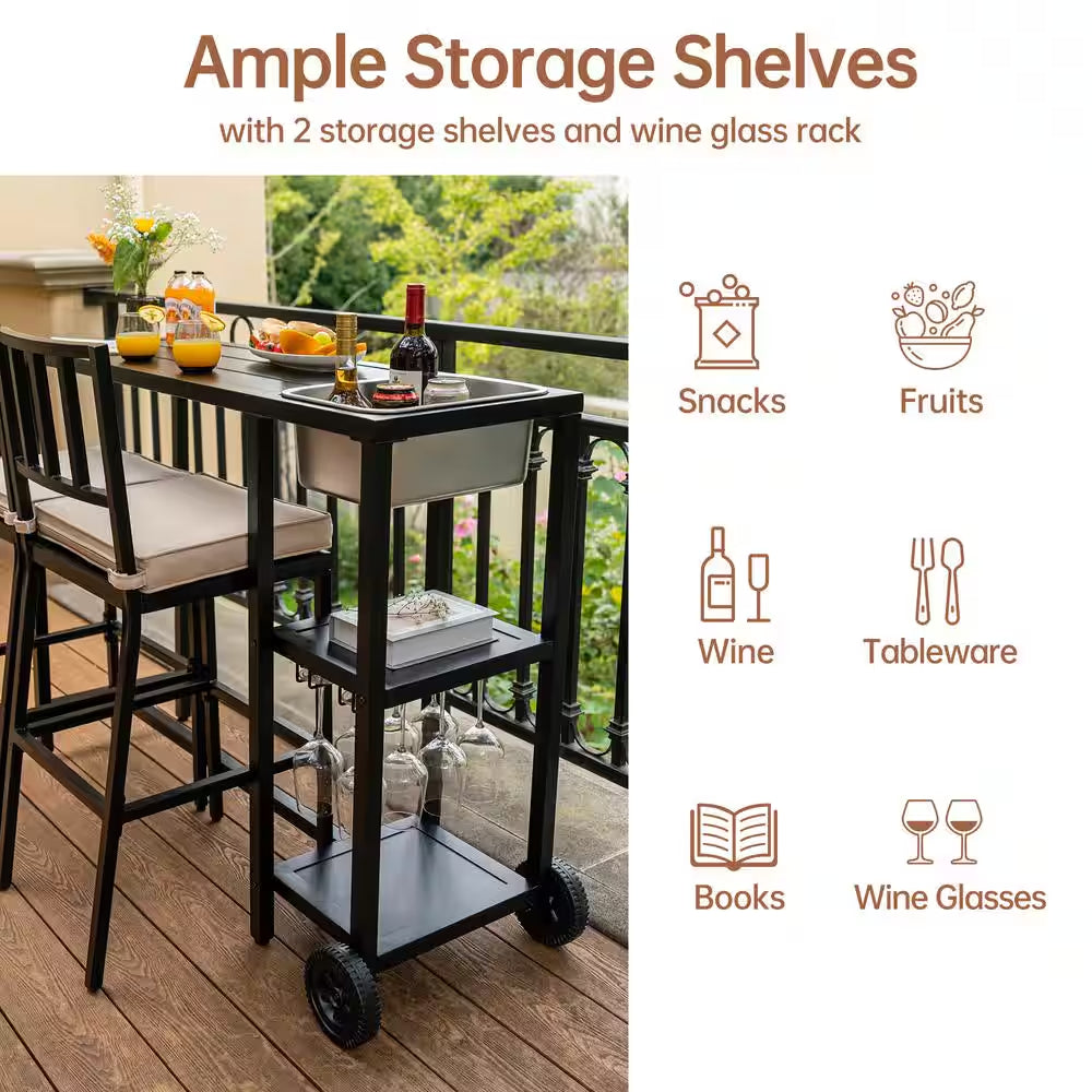 47 In. Outdoor Rectangular Metal Bistro Table Patio Counter Height Bar Table with Wheels