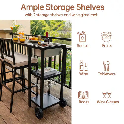 47 In. Outdoor Rectangular Metal Bistro Table Patio Counter Height Bar Table with Wheels