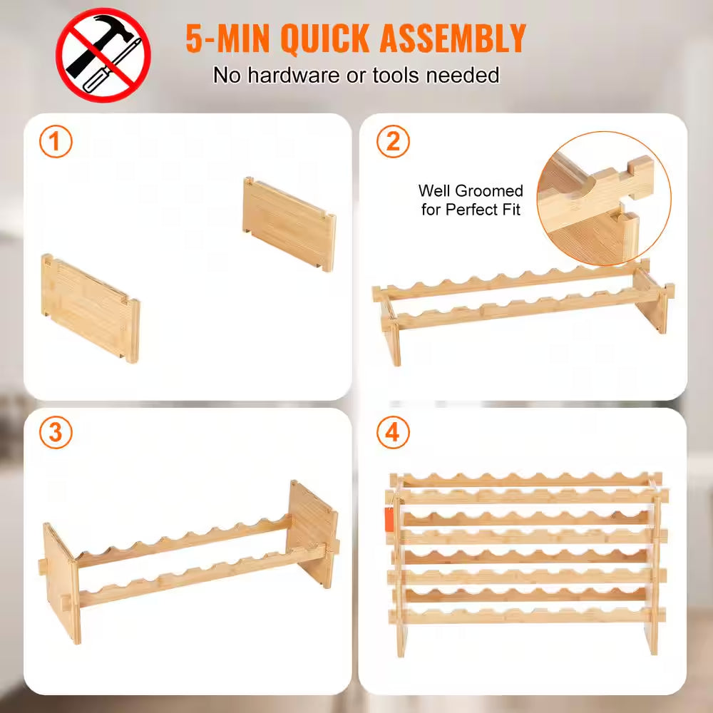 36-Bottle Stackable Wine Rack, 4-Tier Bamboo Storage Display Shelf, Wobble-Free Wine Holder for Kitchen, Bar, and Cellar