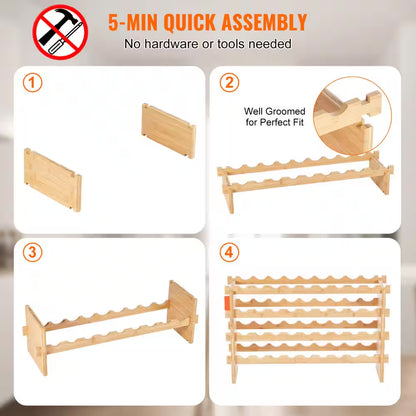 36-Bottle Stackable Wine Rack, 4-Tier Bamboo Storage Display Shelf, Wobble-Free Wine Holder for Kitchen, Bar, and Cellar