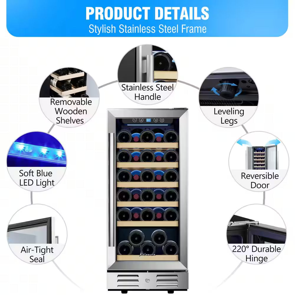 15 In. Built-In 30-Bottle Single Zone Wine Cooler Compressor