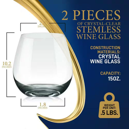 15 Oz. Crystal-Clear Stemless Wine Glass Set (Set of 2)