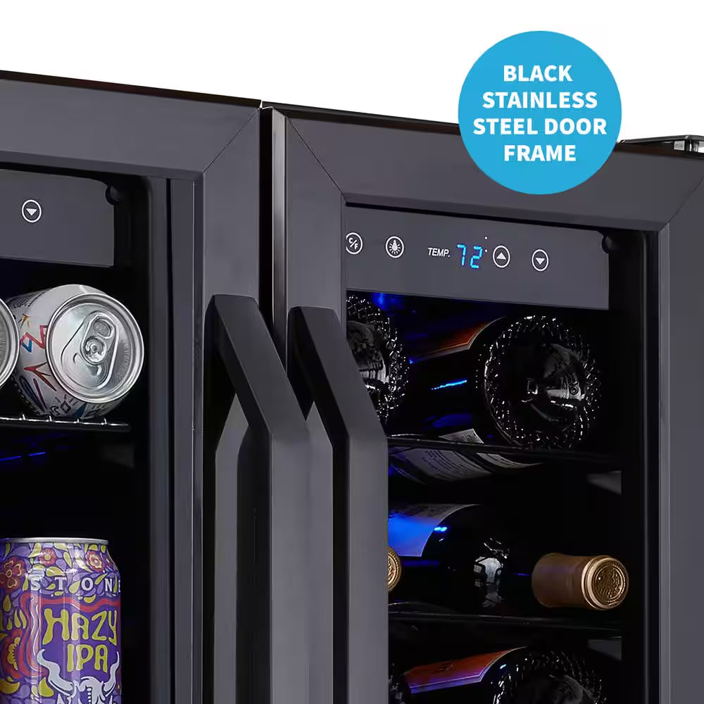 24 In.18 Bottles 60 Cans Built-In Dual Zone Beverage and Wine Cooler in Black Stainless Steel with French Doors and Lock