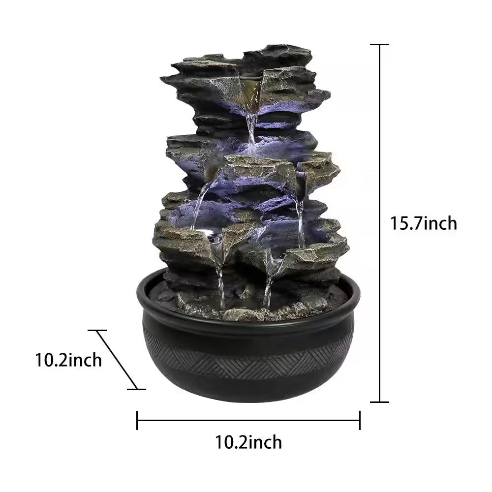 Resin Tabletop Fountain - 11.4 In. 4-Tiered Resin-Rock Fountain Indoor with LED Lights for House, Home, Office Decor