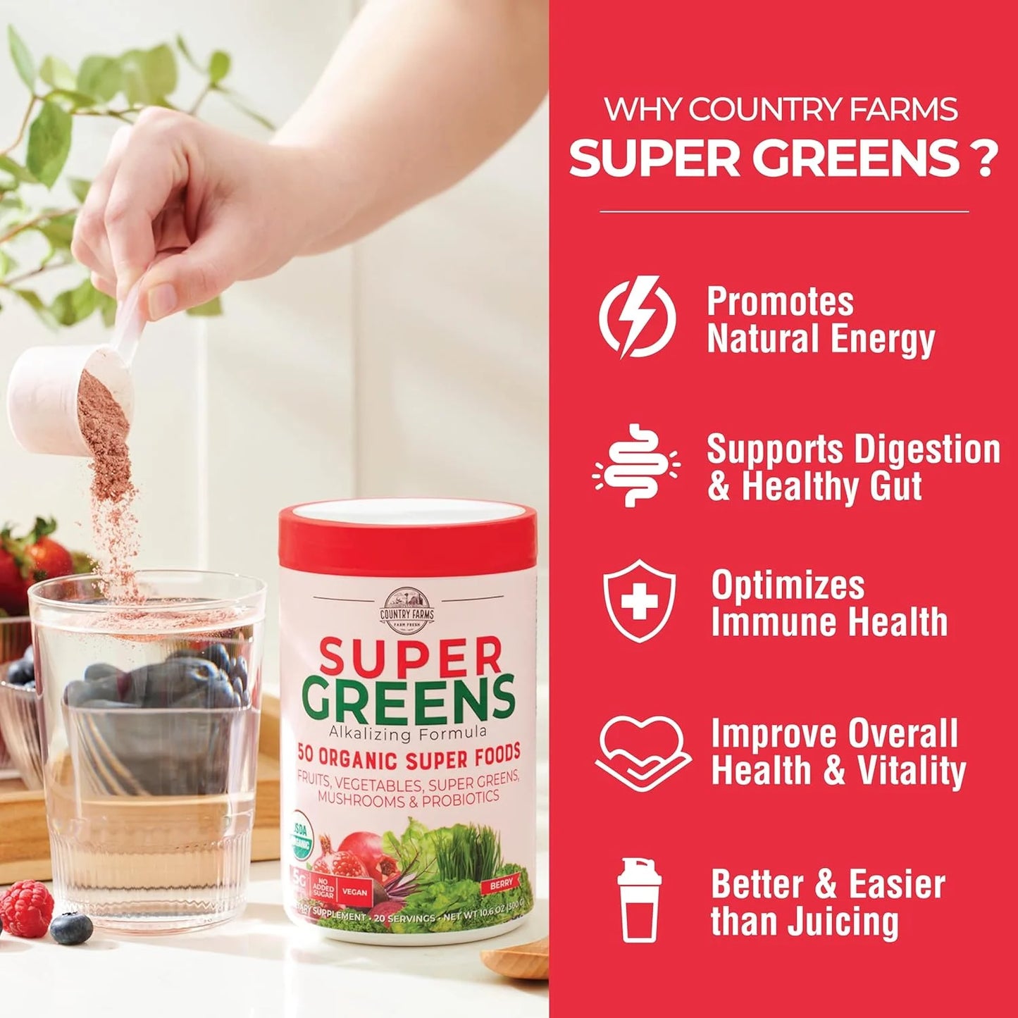 Super Greens Drink Mix, Berry Flavor, 10.6 Oz 20 Servings