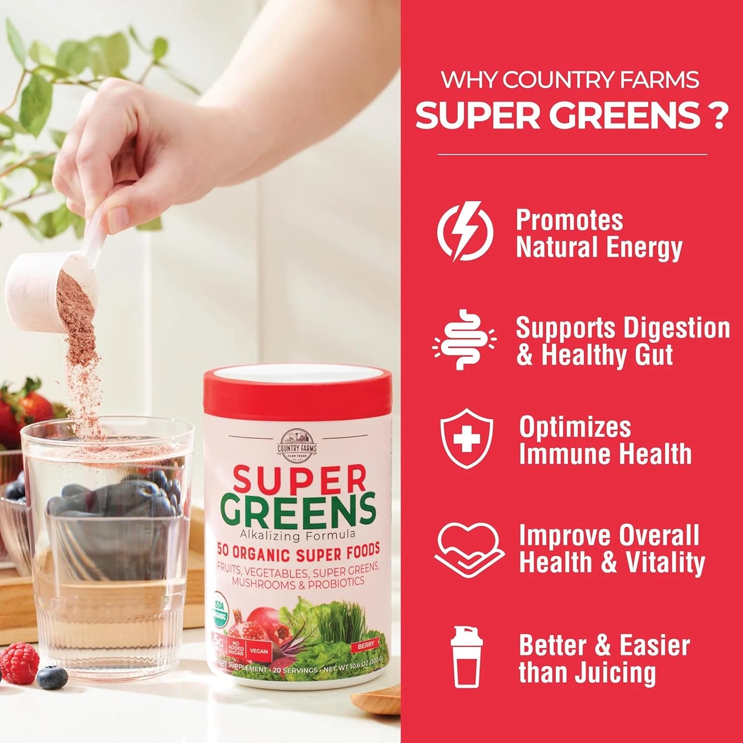 Super Greens Drink Mix, Berry Flavor, 10.6 Oz 20 Servings
