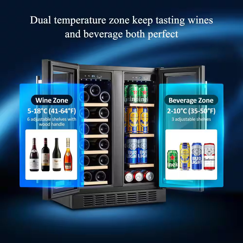 24 In. Dual Zone 19-Wine Bottles and 57-Cans Beverage and Wine Cooler in Stainless Steel with Safety Locks