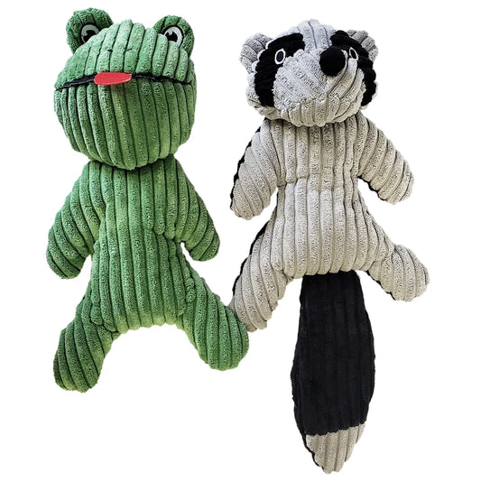 Plush Corduroy Chew Toys Set for Dogs and Puppies, Squeaky, Durable Frog and Raccoon Chewing Toys for Pets, Crinkle Noise Toys for Dogs of All Sizes