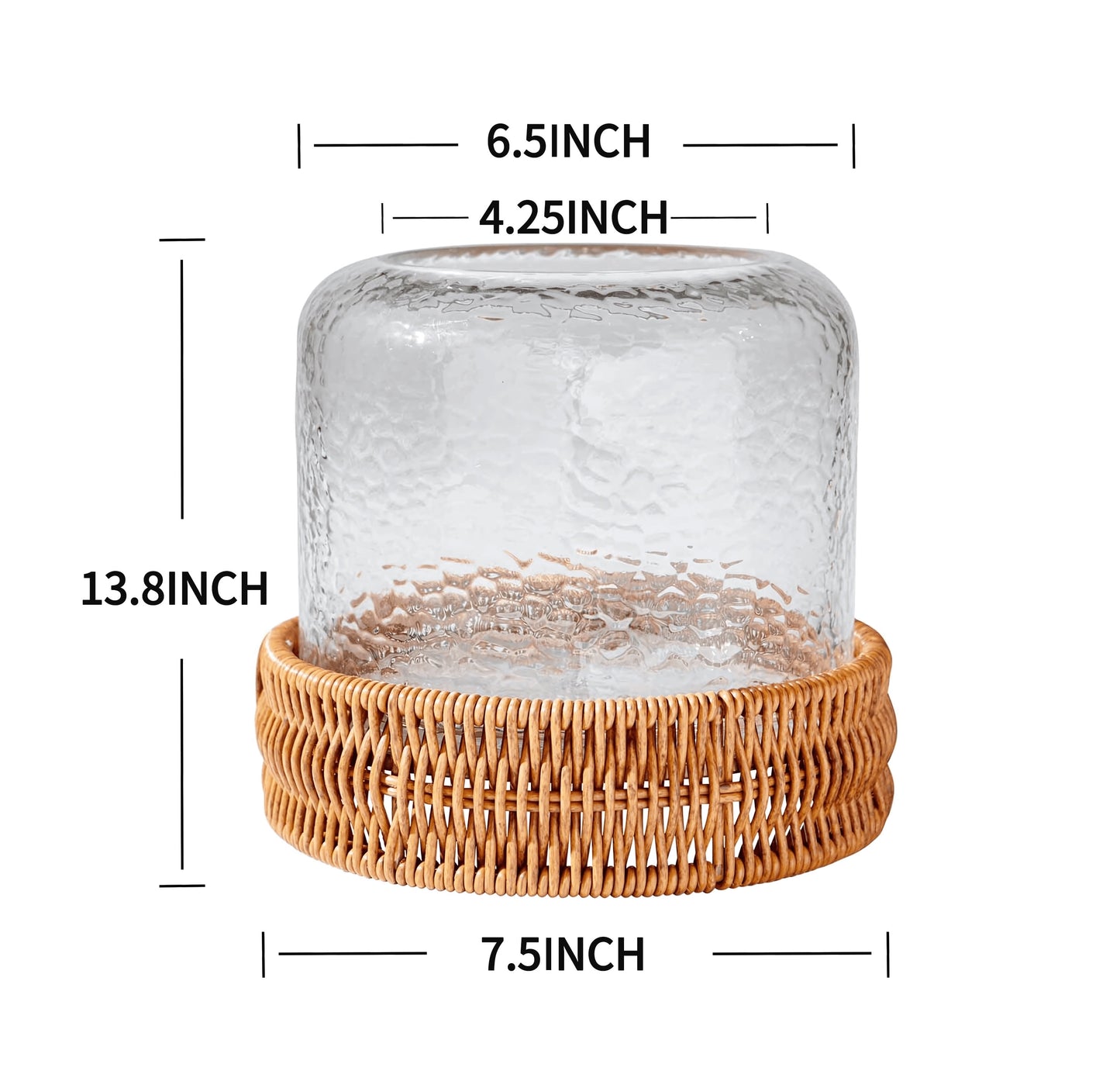 (2 Pack)  7" Decorative Clear Hammered Glass Hurricane Pillar Candle Holder with Brown Woven Base