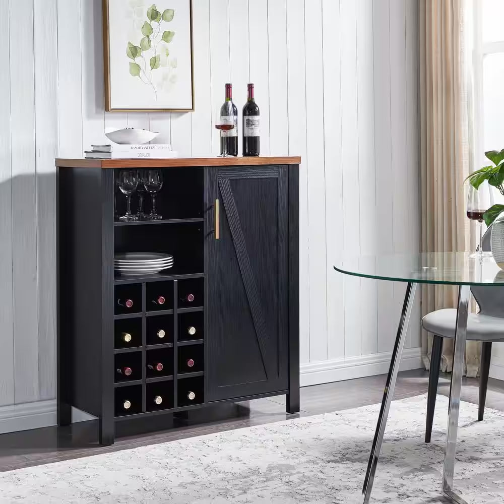 Signaturehome Marcy Black/Walnut Finish 41 In. H Wine Bar Storage Cabinet with 12 Bottle Capacity. (36Lx15Wx41H)