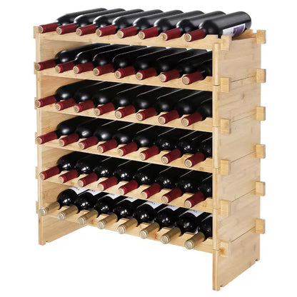 48-Bottle Stackable Modular Wine Rack, 6-Tier Solid Bamboo Wood Storage Racks, Freestanding Wines Holder Display Shelf