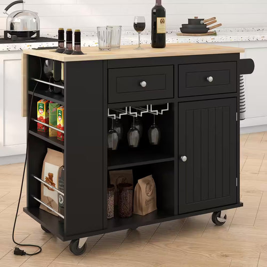 Rolling Black Drop Leaf Rubber Wood Tabletop 40 In. Kitchen Island with Power Outlet, Wine Rack and Adjustable Shelves