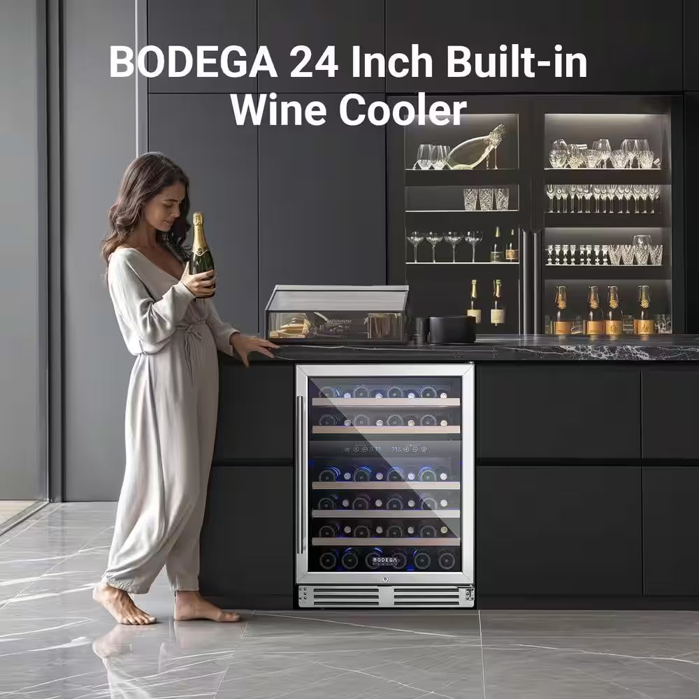 24 In. Dual Zone 46-Wine Bottles Beverage & Wine Cooler with Double-Layer Tempered Reversible Door in Stainless Steel