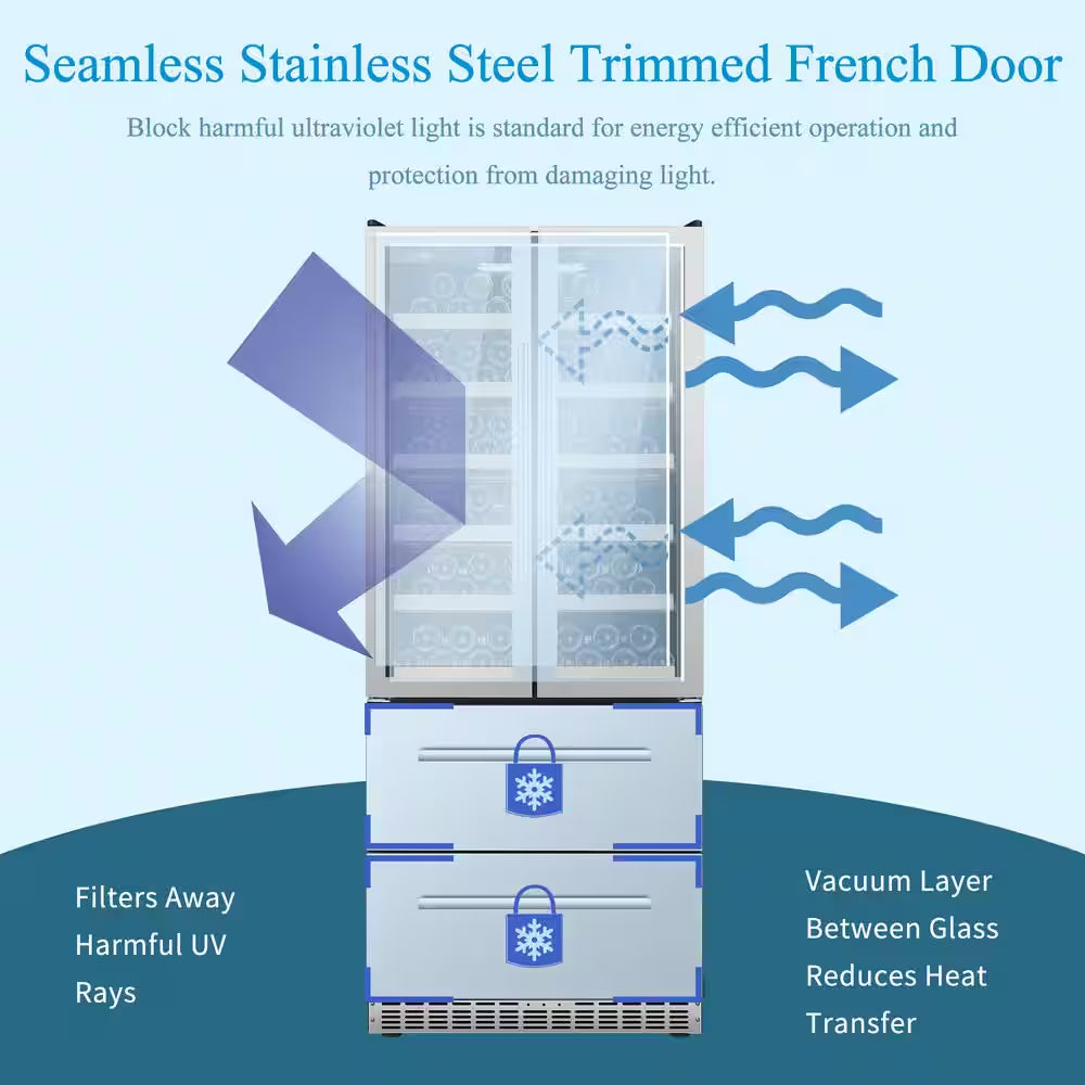 32 In. Dual Zone 168-Wine Bottles and 300-Cans Double French Doors Beverage and Wine Cooler in Seamless Stainless Steel