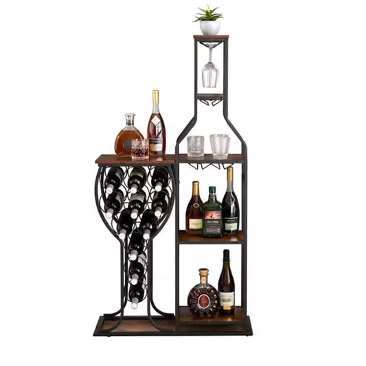 11-Bottle 5-Tier Freestanding Antique Brown Wine Rack with Hanging Wine Glass Holder & Storage Shelves for Dining Room