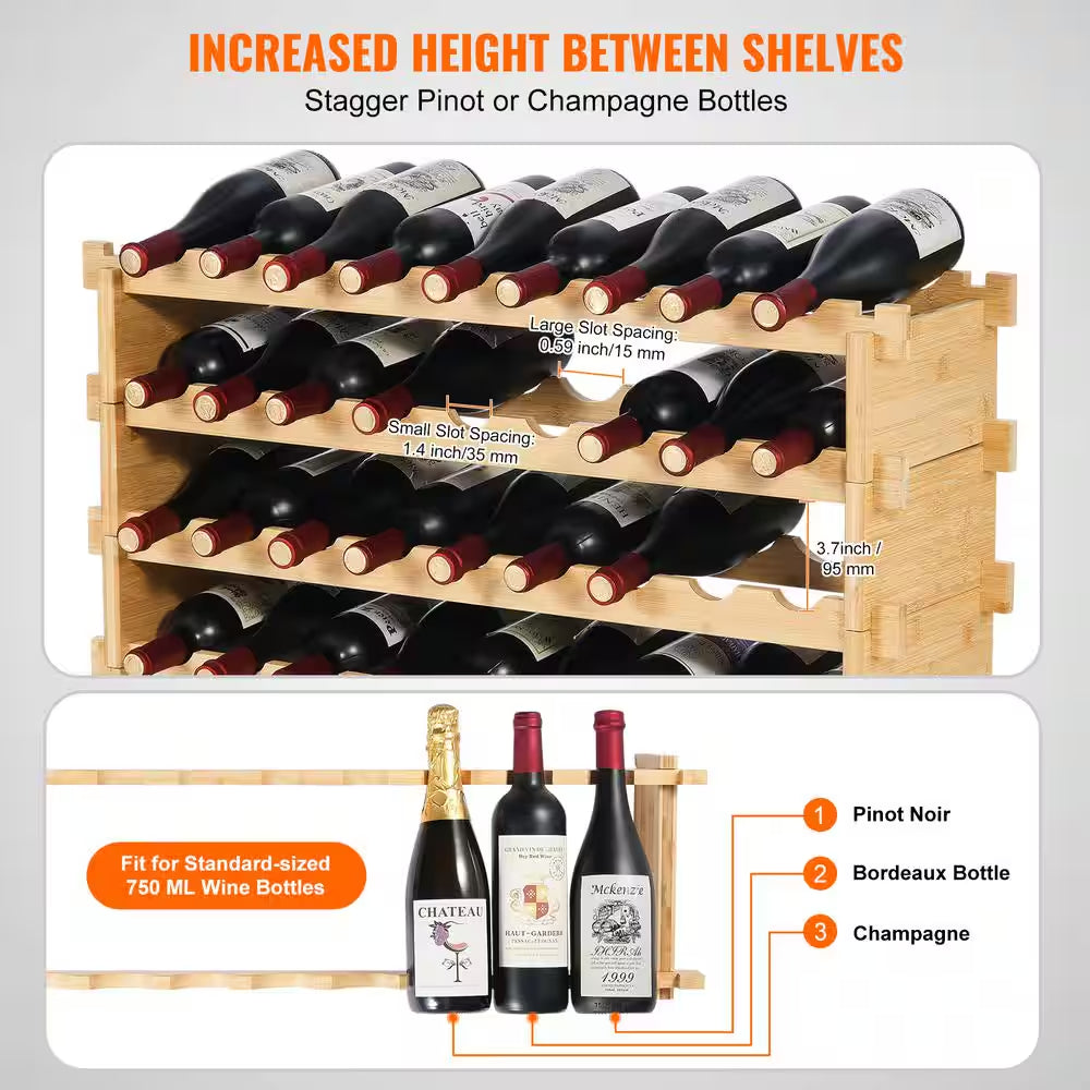 36-Bottle Stackable Wine Rack, 4-Tier Bamboo Storage Display Shelf, Wobble-Free Wine Holder for Kitchen, Bar, and Cellar