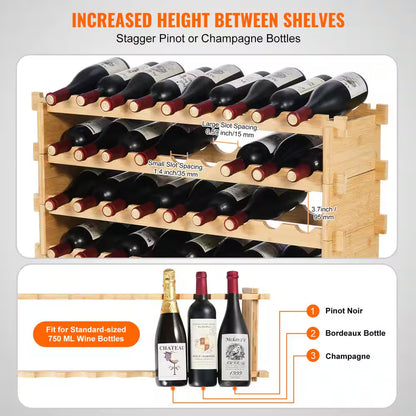 36-Bottle Stackable Wine Rack, 4-Tier Bamboo Storage Display Shelf, Wobble-Free Wine Holder for Kitchen, Bar, and Cellar