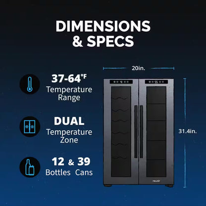 Shadow 20 In. Dual Zone Wine Cooler Refrigerator 12 Bottles & 39 Cans, Mirrored Wine and Beverage Fridge