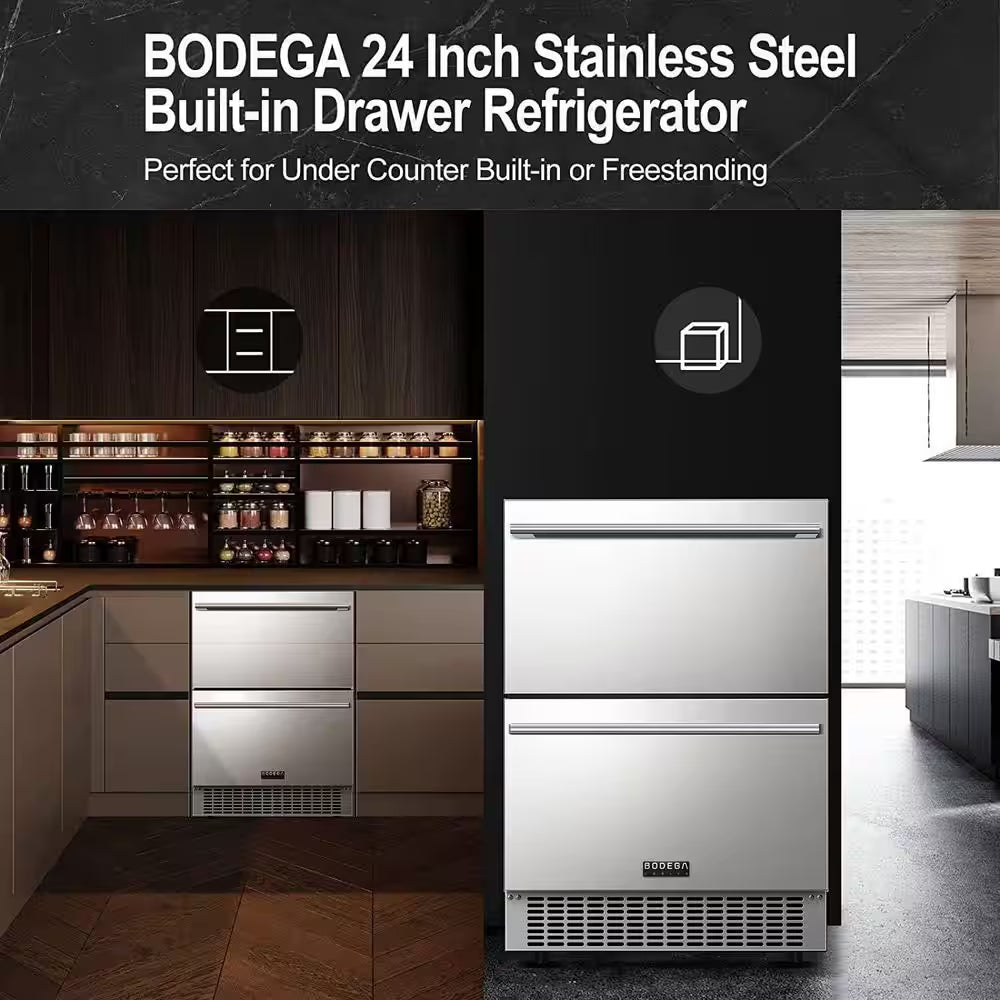 24 In. Single Zone 149 Cans Beverage & Wine Cooler with Double Drawer in Stainless Steel for Outdoor & Indoor Use