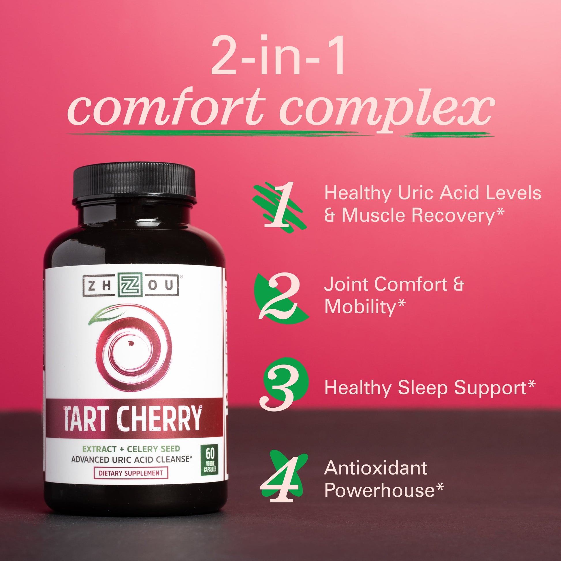 Zhou Tart Cherry Extract with Celery Seed | Advanced Uric Acid Cleanse for Joint Comfort, Healthy Sleep Cycles & Muscle Recovery | 30 Servings, 60 Veggie Caps