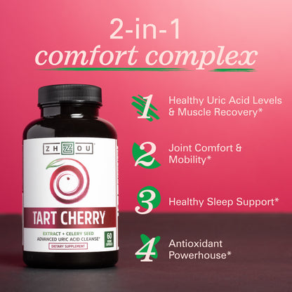 Zhou Tart Cherry Extract with Celery Seed | Advanced Uric Acid Cleanse for Joint Comfort, Healthy Sleep Cycles & Muscle Recovery | 30 Servings, 60 Veggie Caps