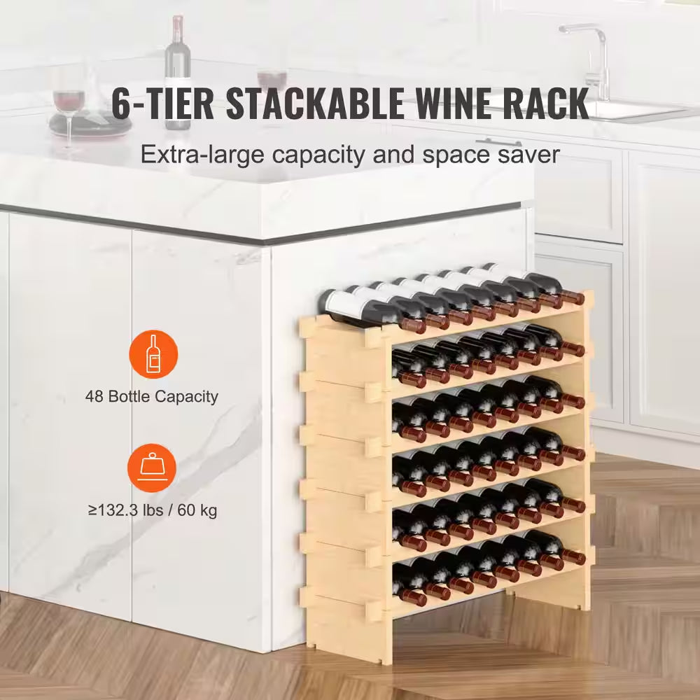 48-Bottle Stackable Modular Wine Rack, 6-Tier Solid Bamboo Wood Storage Racks, Freestanding Wines Holder Display Shelf
