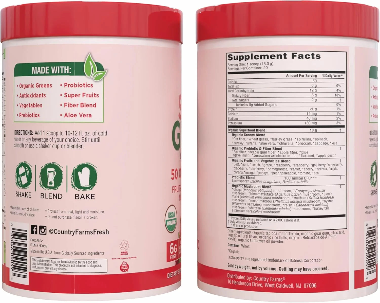 Super Greens Drink Mix, Berry Flavor, 10.6 Oz 20 Servings