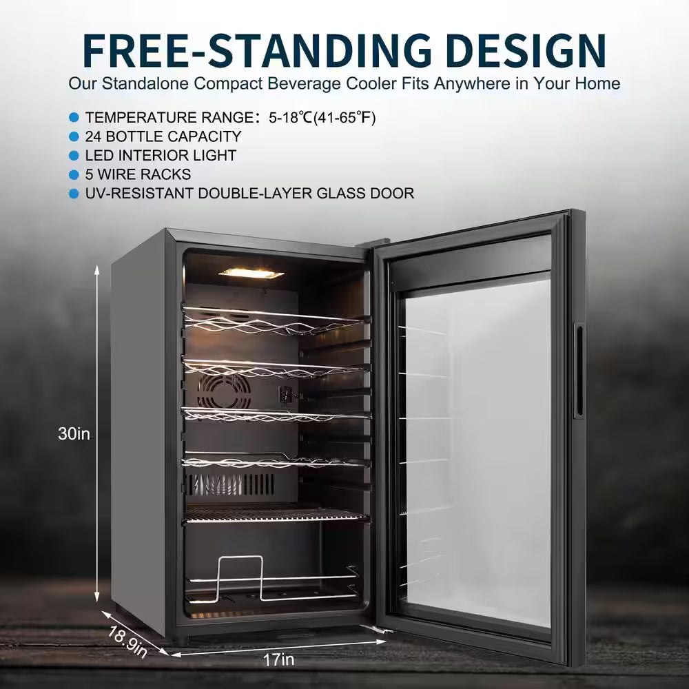 17 In. Wine Cooler 24 Bottle Freestanding Wine Refrigerator with Door Lock, Black