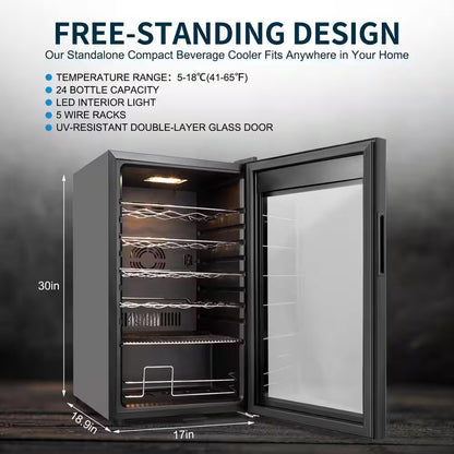 17 In. Wine Cooler 24 Bottle Freestanding Wine Refrigerator with Door Lock, Black