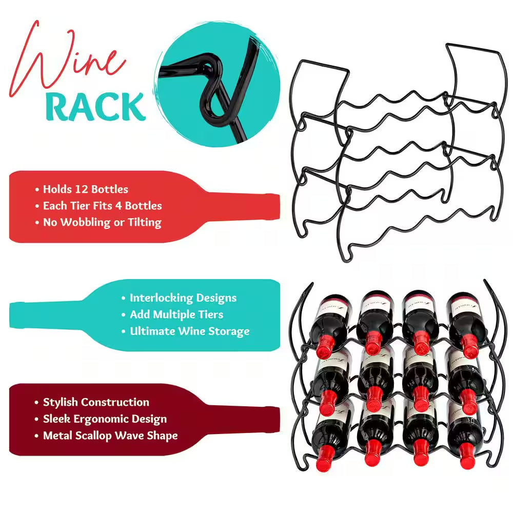 3-Tier Black Stackable Wine Rack-Classic Style Metal Wine Racks for Bottles-Hold 12 Bottles