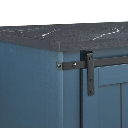 47 In. Navy Blue Wood Buffet Bar Cabinet with Barn Door with Marbling Pattern Countertop