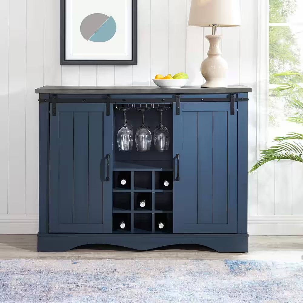 47 In. Navy Blue Wood Buffet Bar Cabinet with Barn Door with Marbling Pattern Countertop