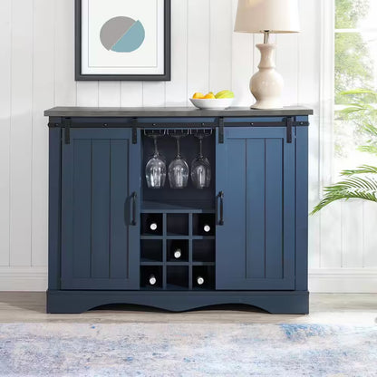 47 In. Navy Blue Wood Buffet Bar Cabinet with Barn Door with Marbling Pattern Countertop