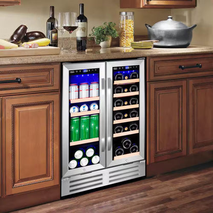 24 In.Dual Zone 18-Wine Bottles and 88-Can Built-In and Freestanding with French Door Beverage Cooler in Stainless Steel